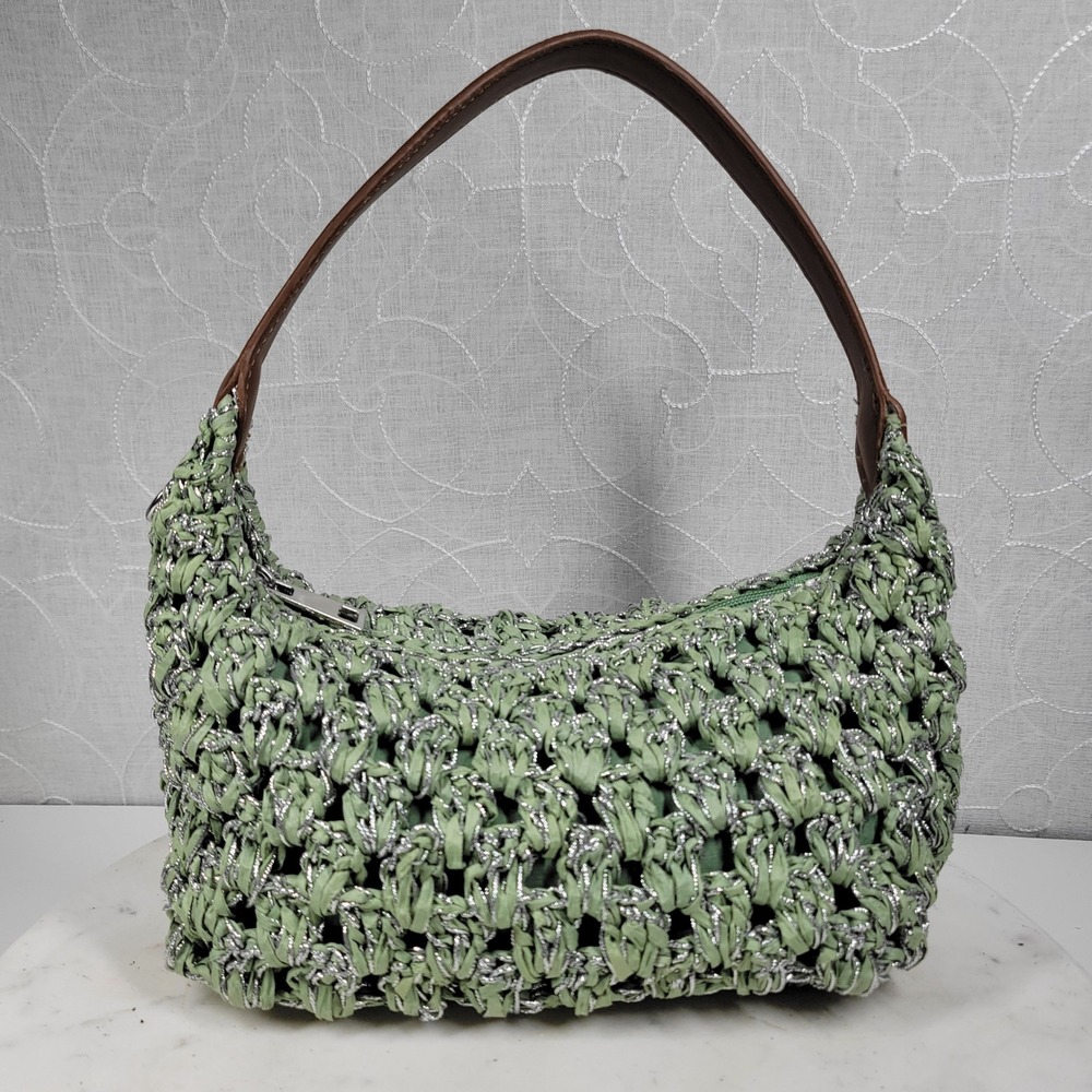 A New Day Raffia Shoulder Bag Green Woven Metallic Zip Boho Purse
